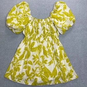 Anthropologie Maeve Feliciana Puff Sleeve Chartreuse White Mini Dress Size XL